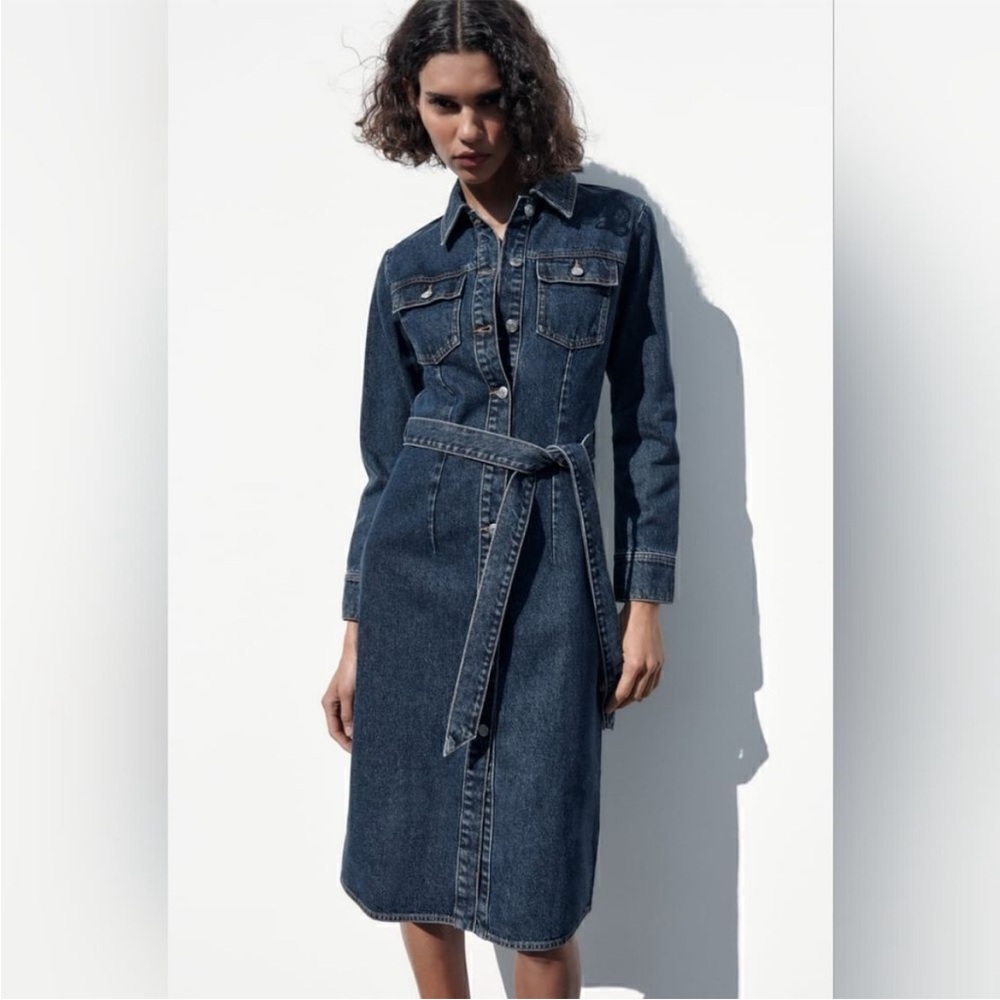 Zara Navy Long Sleeve Denim Dress